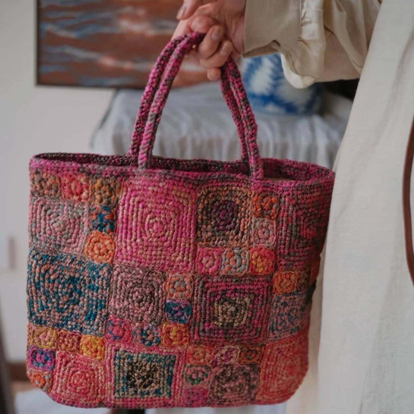 Handmade Crochet Raffia Tote Bag, Colorful Patchwork Boho Purse with Cotton Lining, Unique Artisan Beach Bag for Women,Gift for her