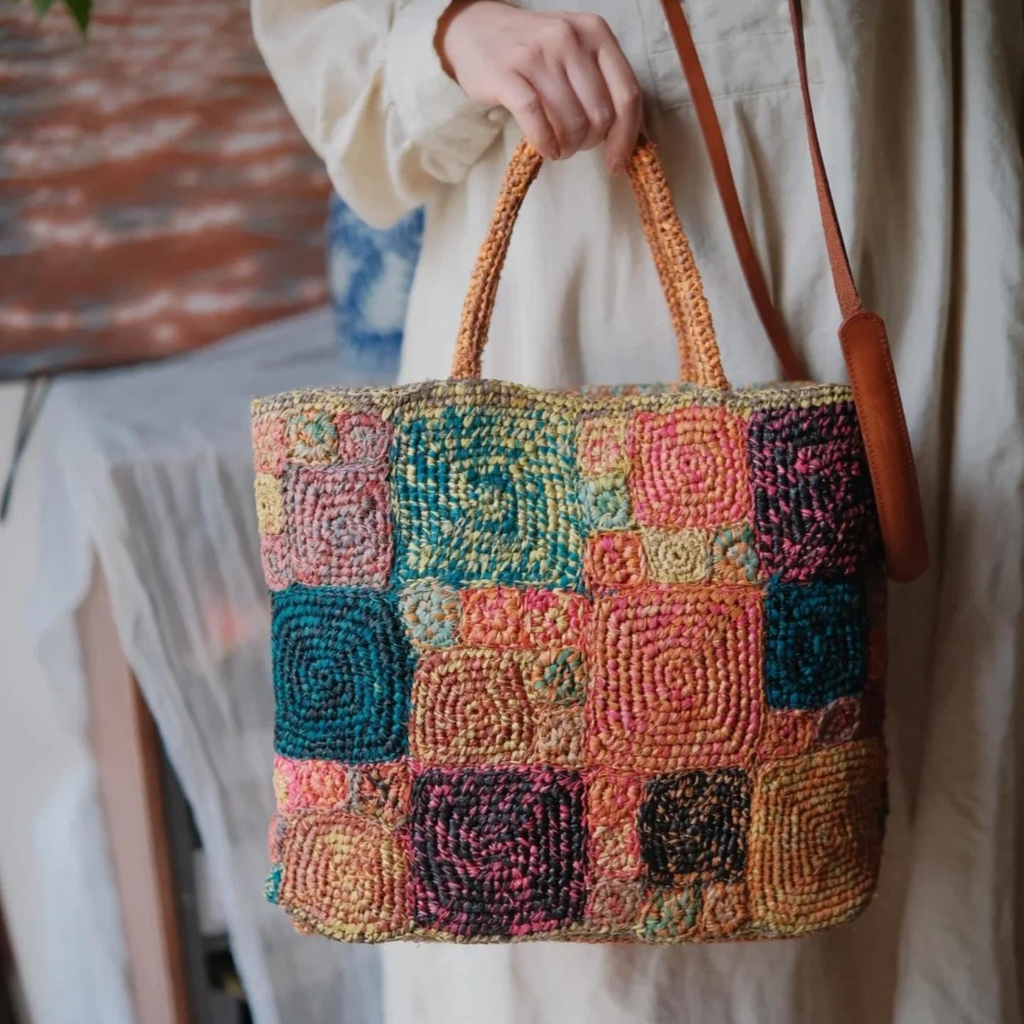 Artisan Raffia Patchwork Tote, Handcrafted Crochet Beach Bag, Sturdy Woven Purse with Cotton Lining, Unique Gift for Her, Gift for her