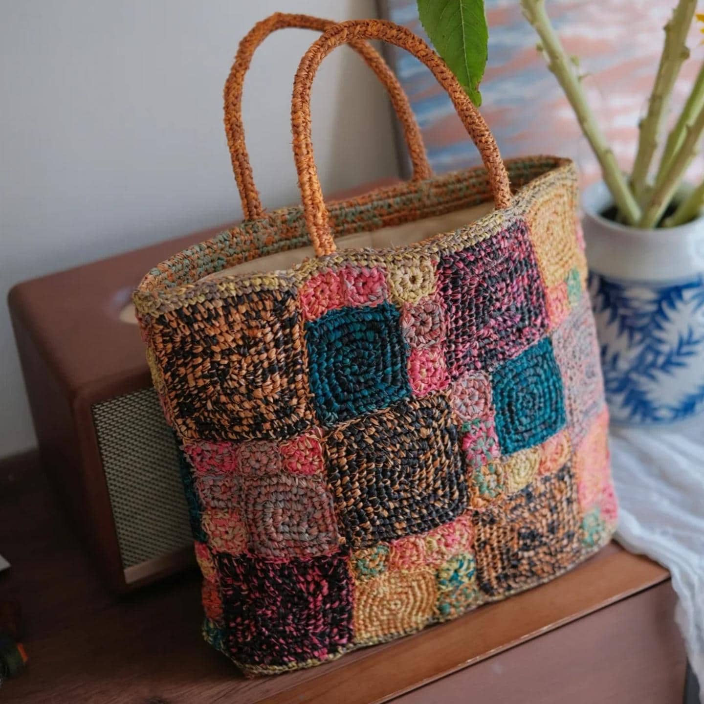 Handmade Crochet Raffia Tote Bag, Colorful Patchwork Boho Purse with Cotton Lining, Unique Artisan Beach Bag for Women,Gift for her