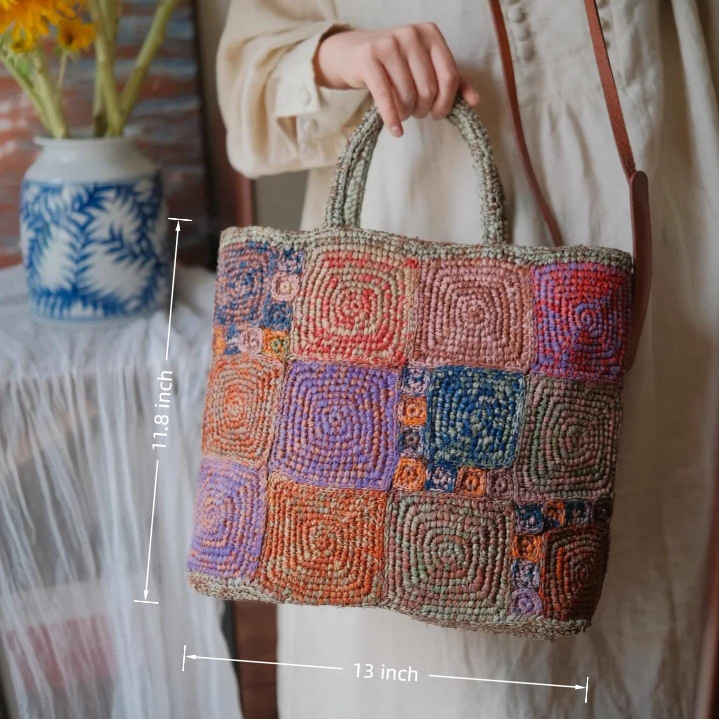 Handmade Crochet Raffia Tote Bag, Colorful Patchwork Boho Purse with Cotton Lining, Unique Artisan Beach Bag for Women,Gift for her