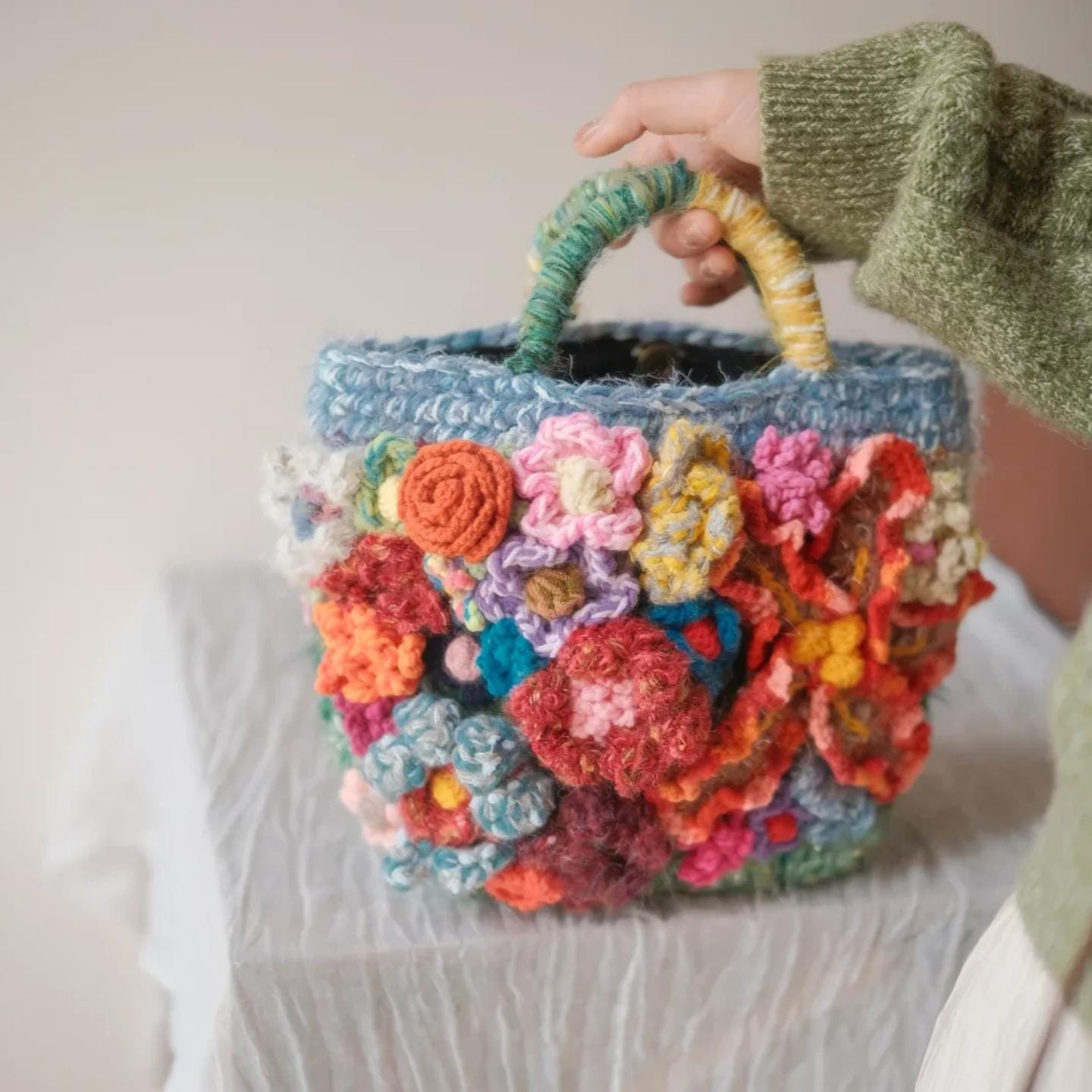 Handmade 3D Flower Crochet Bag, Boho Tote, Colorful Textured Knit Purse, Unique Artisan Handbag, Mother's Day Gift for Mom
