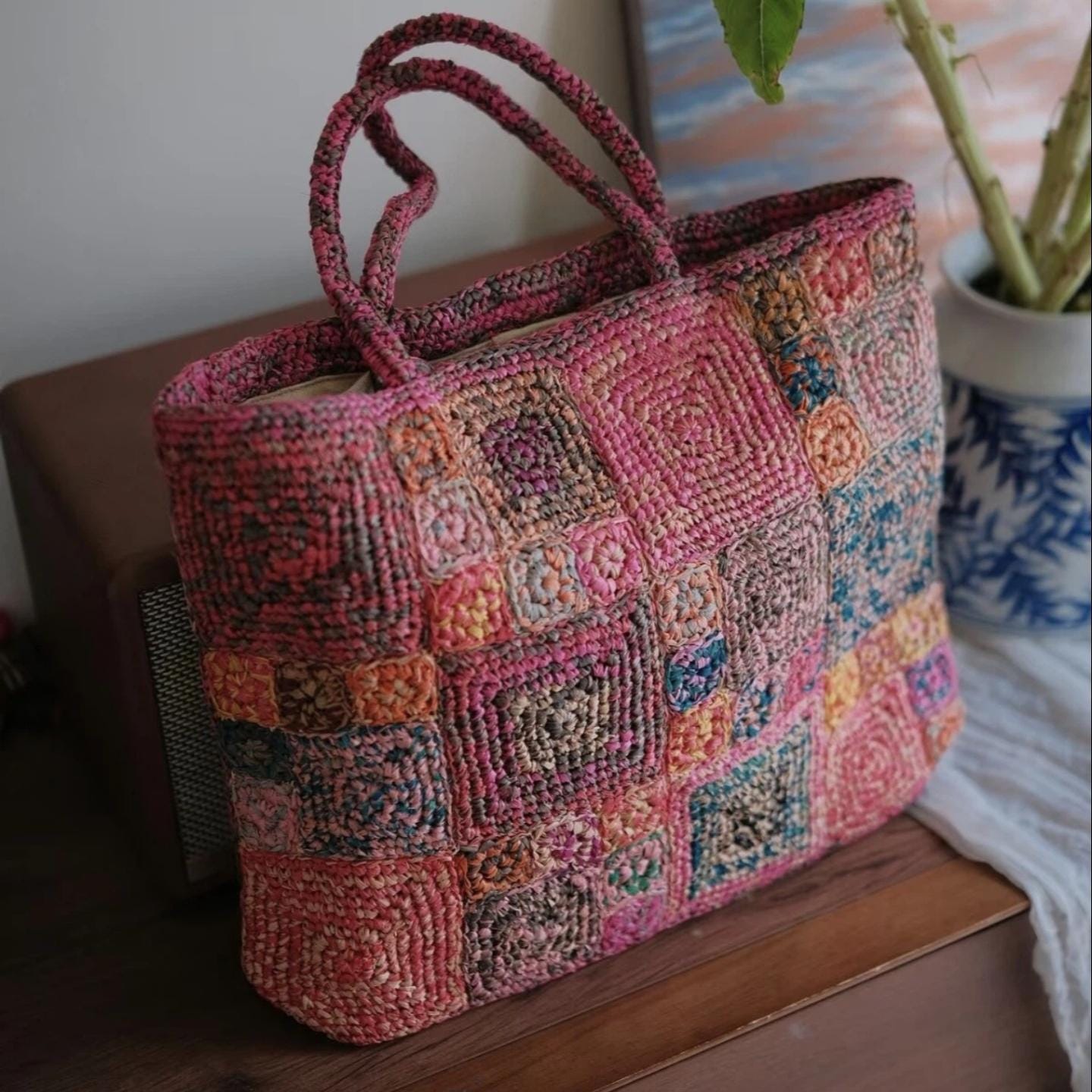 Handmade Crochet Raffia Tote Bag, Colorful Patchwork Boho Purse with Cotton Lining, Unique Artisan Beach Bag for Women,Gift for her