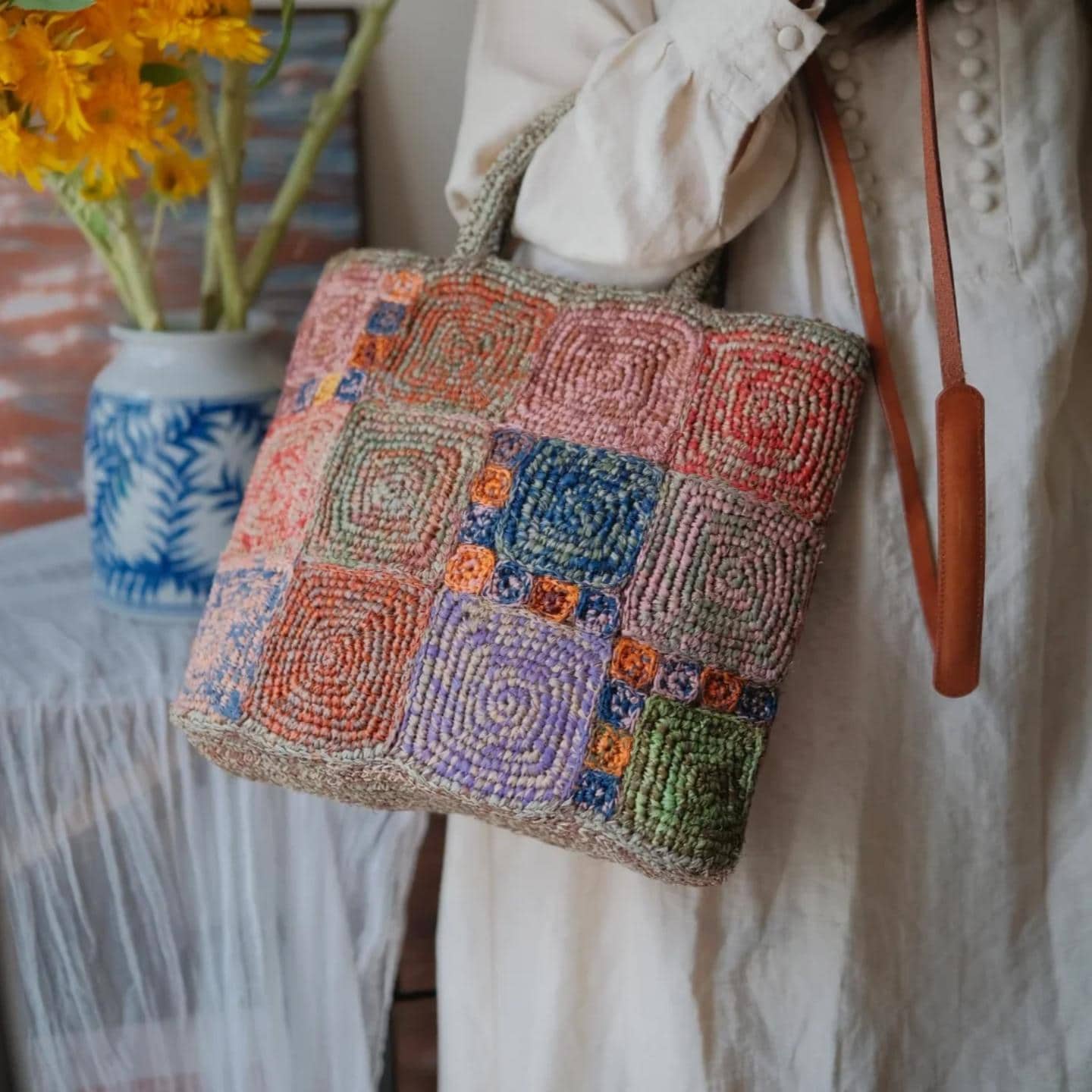 Handmade Crochet Raffia Tote Bag, Colorful Patchwork Boho Purse with Cotton Lining, Unique Artisan Beach Bag for Women,Gift for her