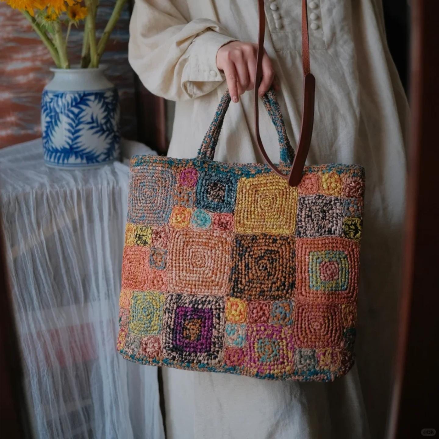 Artisan Raffia Patchwork Tote, Handcrafted Crochet Beach Bag, Sturdy Woven Purse with Cotton Lining, Unique Gift for Her, Gift for her