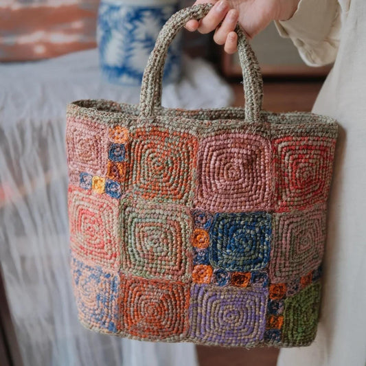 Handmade Crochet Raffia Tote Bag, Colorful Patchwork Boho Purse with Cotton Lining, Unique Artisan Beach Bag for Women,Gift for her