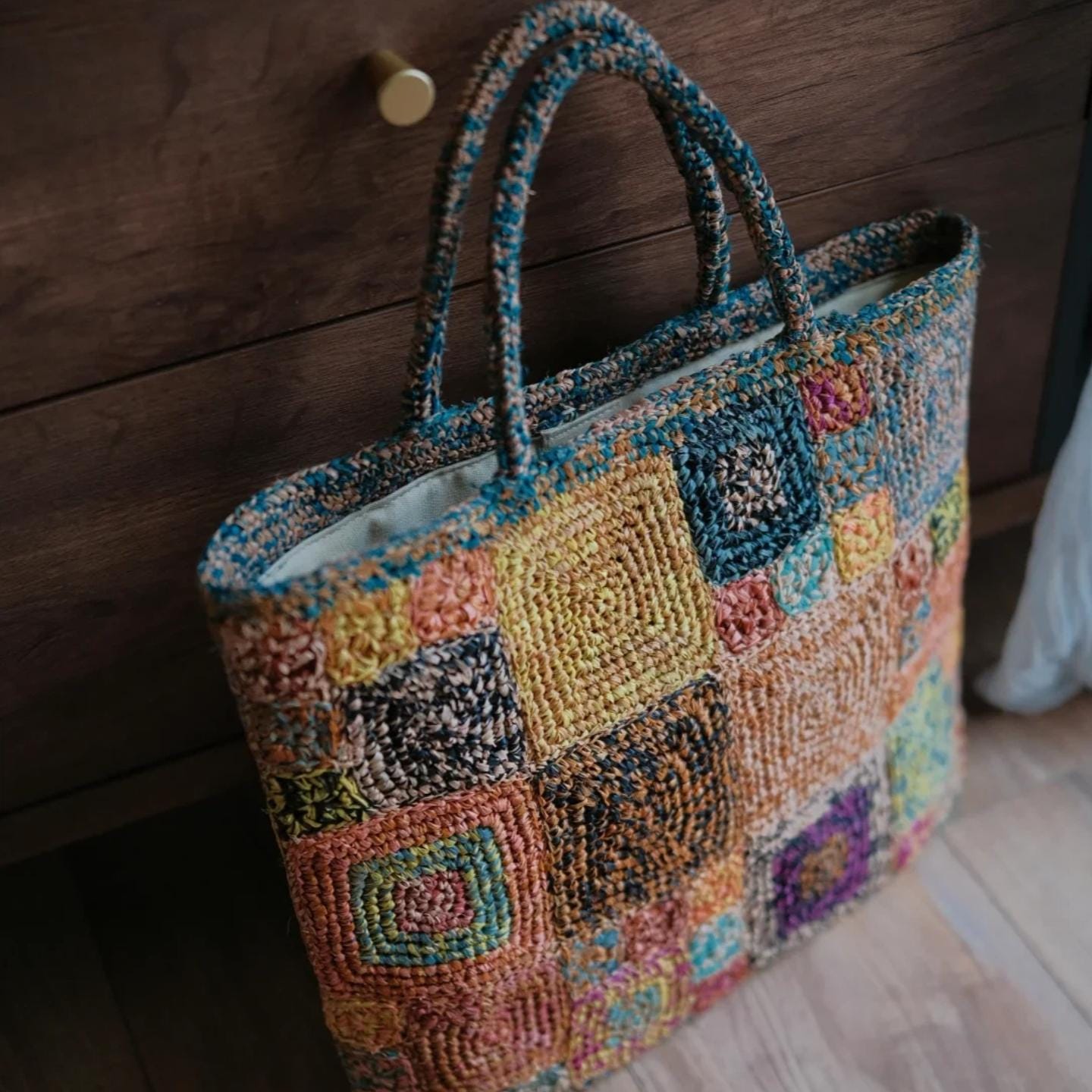 One-of-a-Kind Raffia Crochet Bag, Heavy-Duty Handwoven Tote with Magnetic Closure, Bohemian Summer Shoulder Bag, Gift for her
